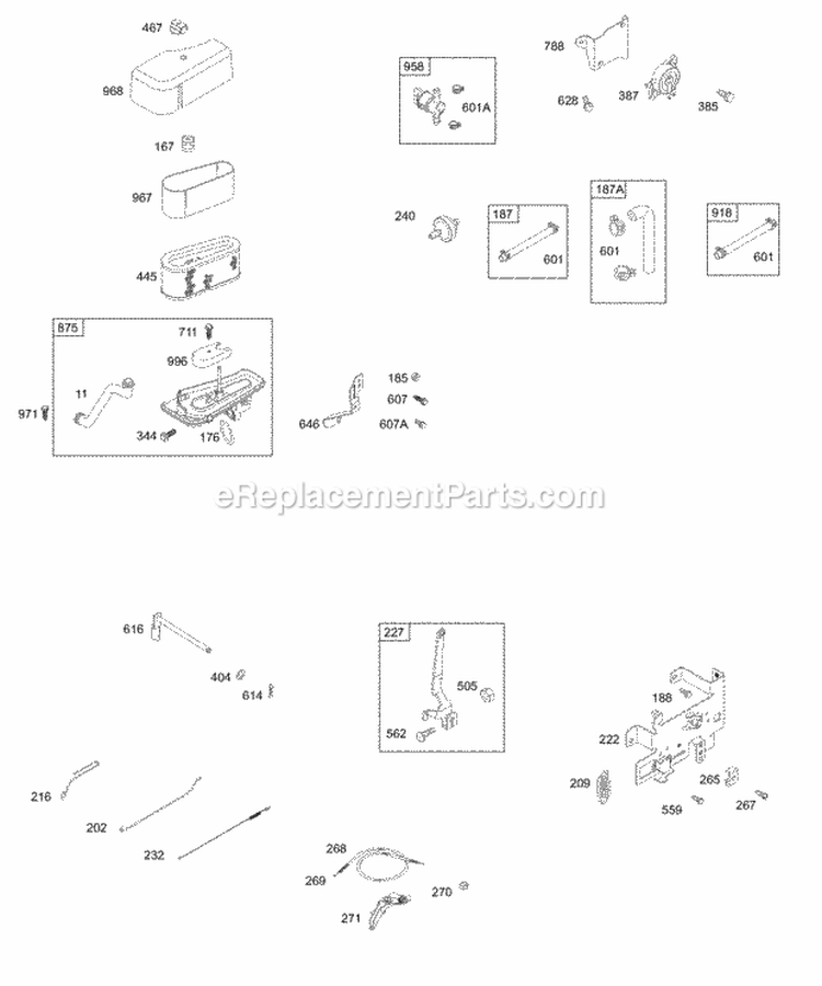 Air Cleaner Fuel Pump Control Bracket Governor Spring Diagram and Parts List for 28S707-1149-E1  Briggs and Stratton Engine